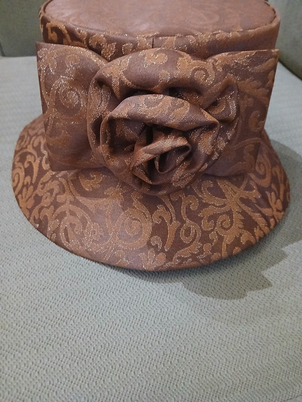 Elegant Brown Floral Accent Women's Hat By Terramina Brocade W/ Metallic Thread